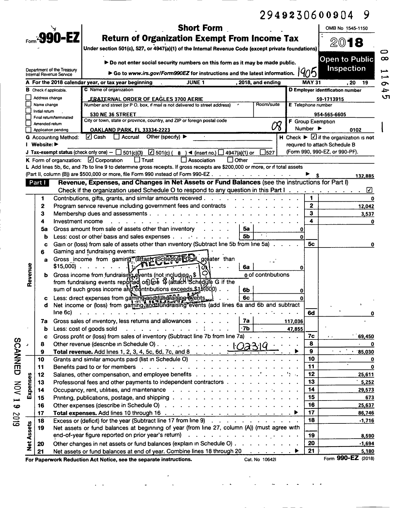 Image of first page of 2018 Form 990EO for Fraternal Order of Eagles - 3700 Aerie