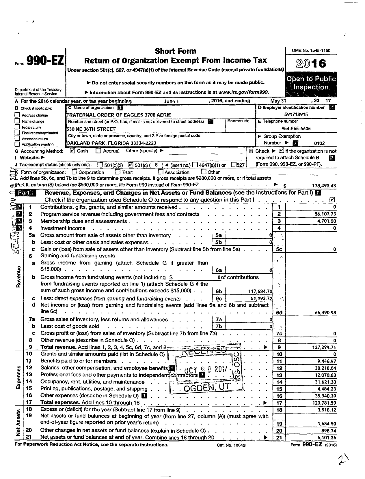 Image of first page of 2016 Form 990EO for Fraternal Order of Eagles - 3700 Aerie