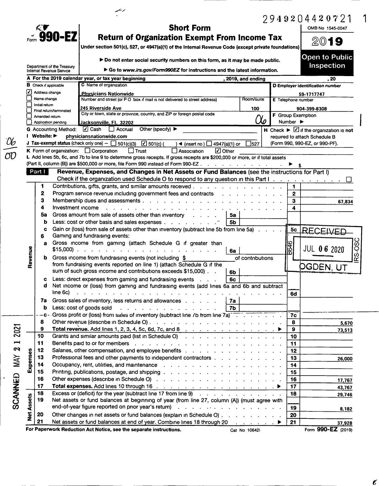 Image of first page of 2019 Form 990EO for Physicians Nationwide