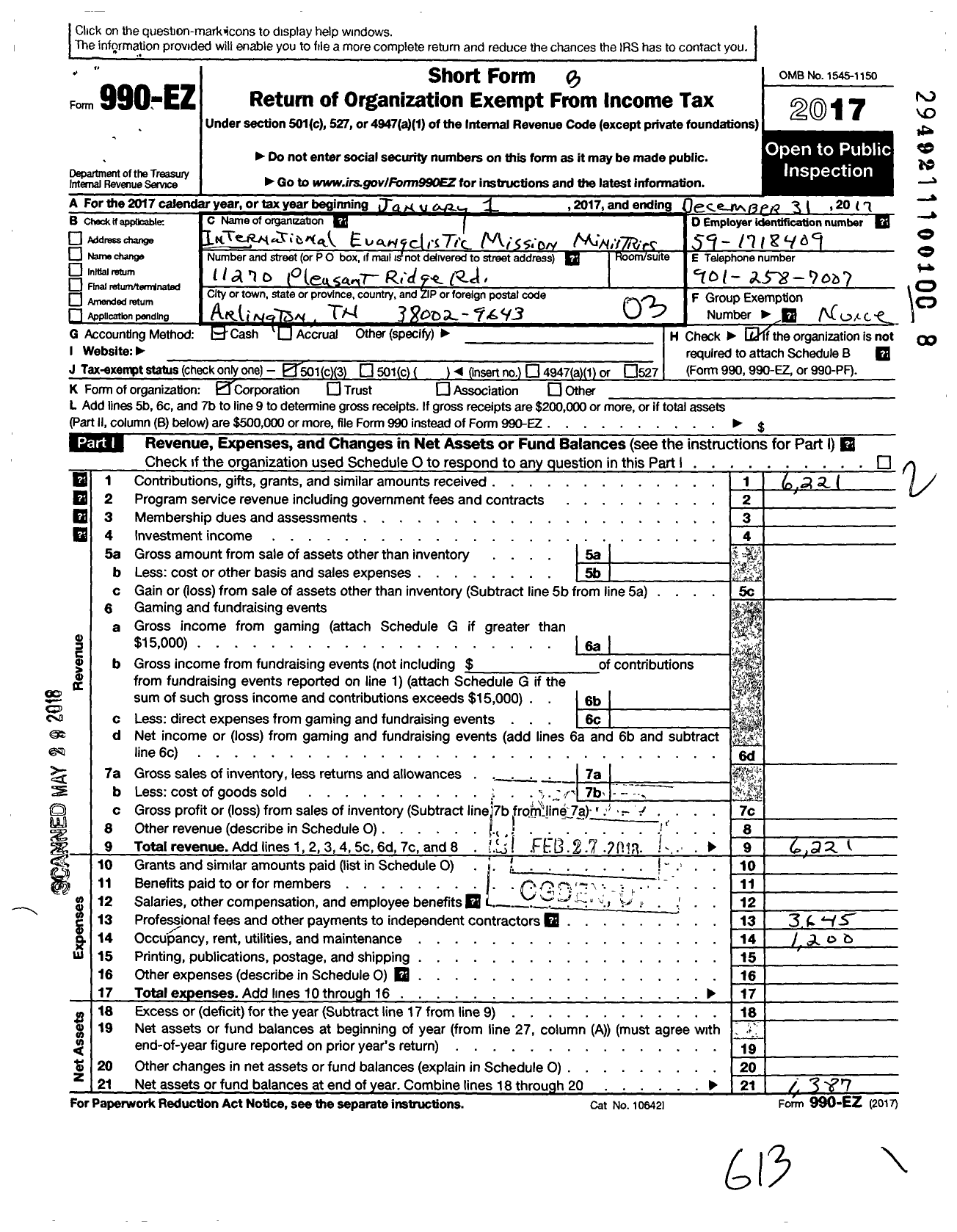 Image of first page of 2017 Form 990EZ for International Evangelistic Mission Ministries