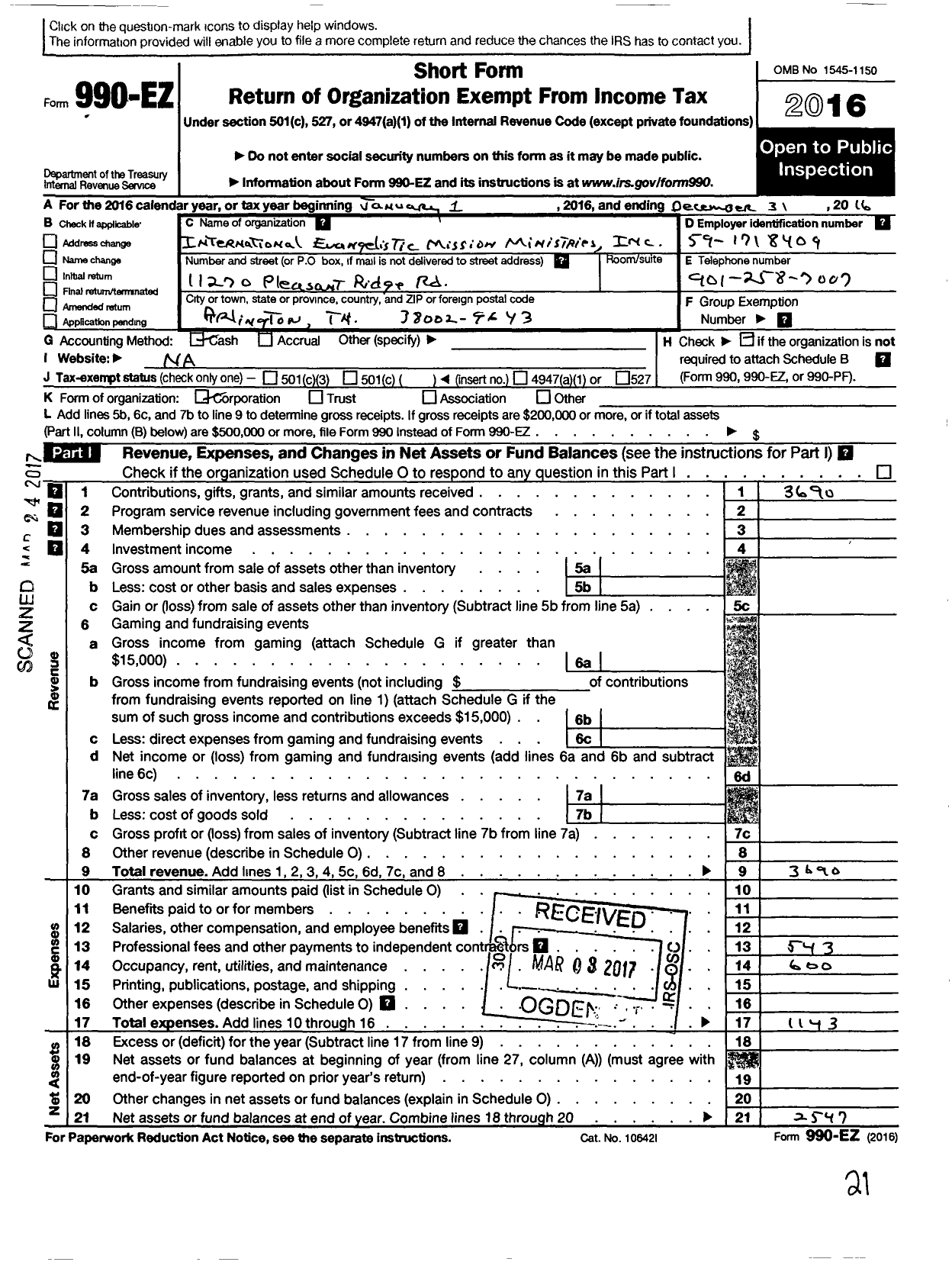 Image of first page of 2016 Form 990EO for International Evangelistic Mission Ministries