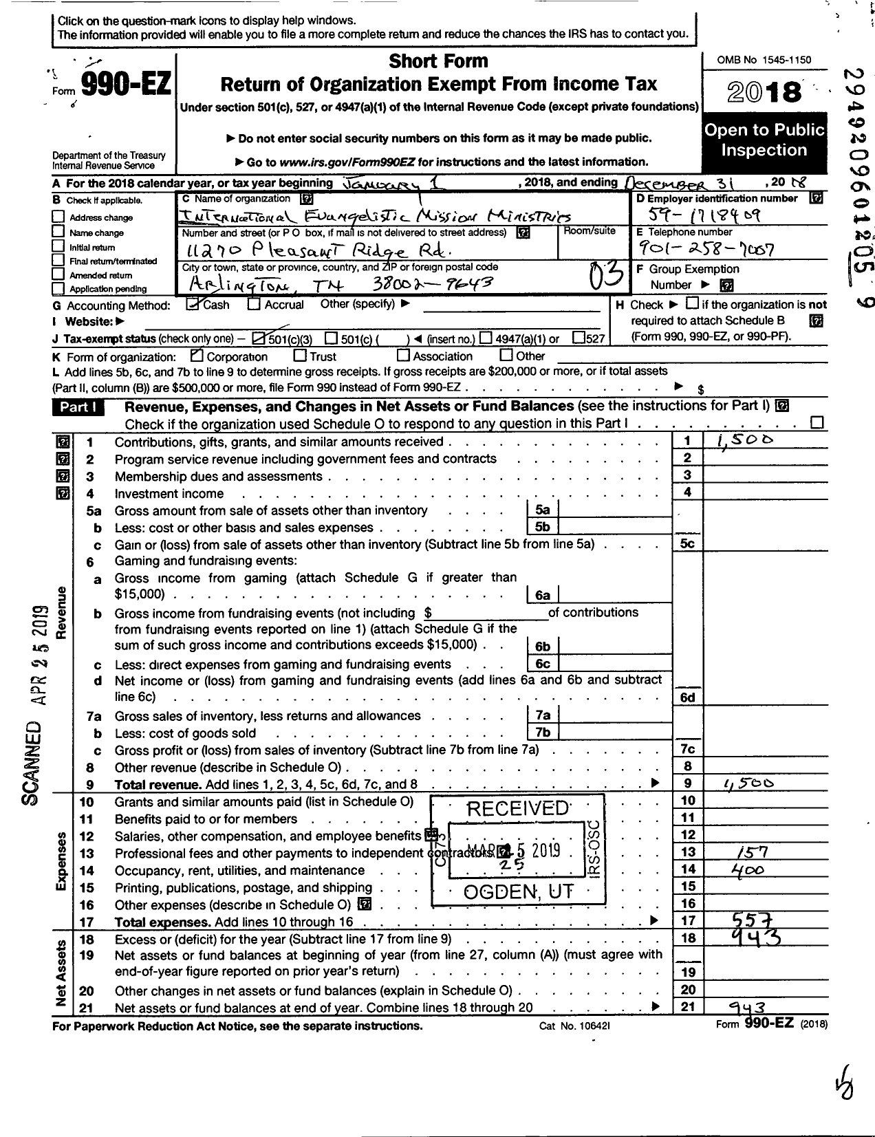 Image of first page of 2018 Form 990EZ for International Evangelistic Mission Ministries