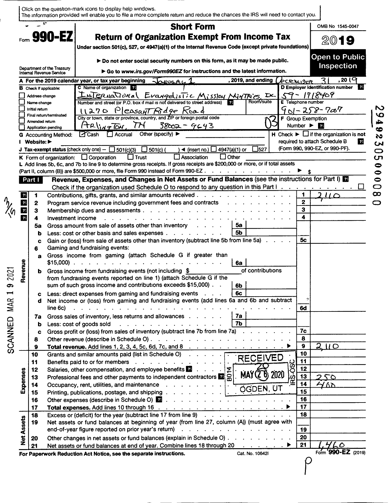 Image of first page of 2019 Form 990EZ for International Evangelistic Mission Ministries