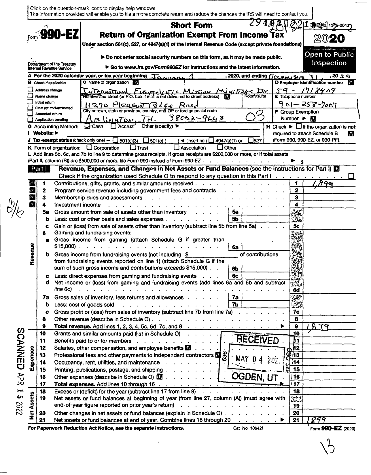 Image of first page of 2020 Form 990EZ for International Evangelistic Mission Ministries