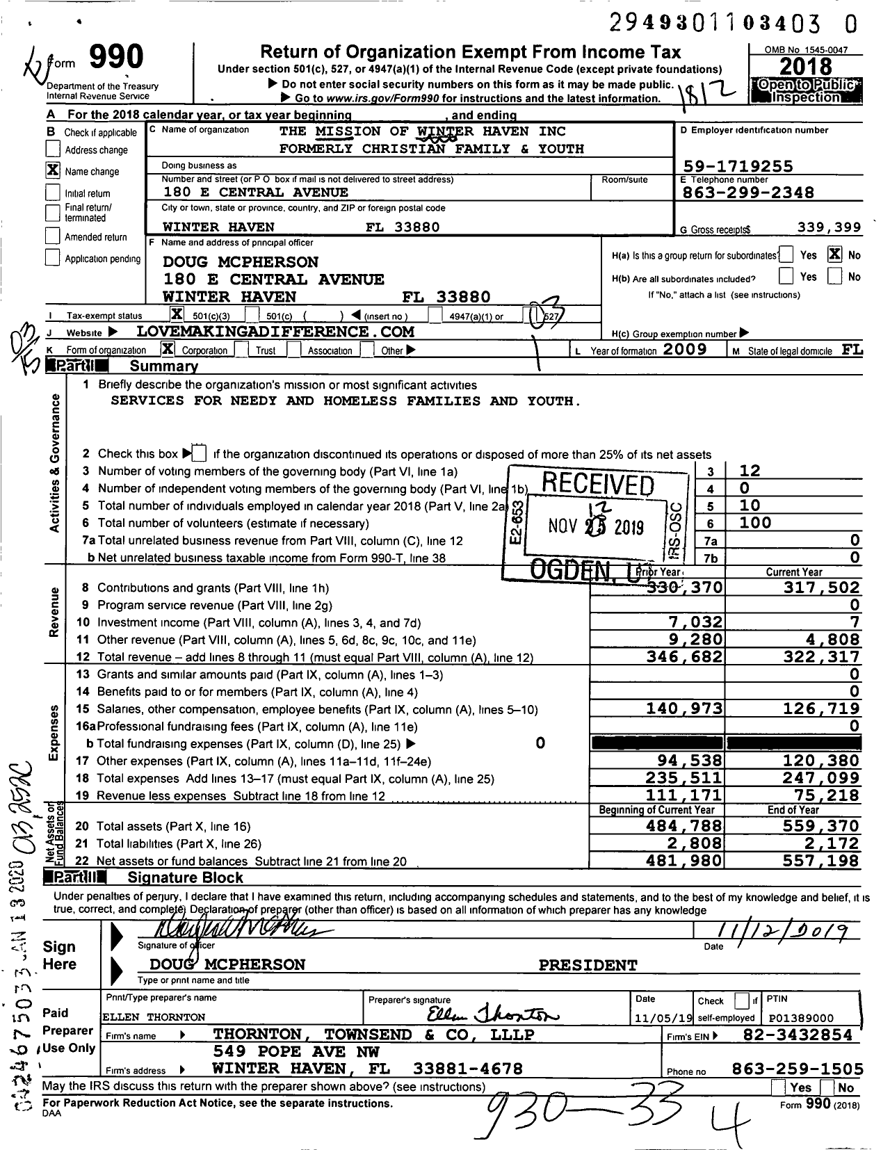 Image of first page of 2018 Form 990 for The Mission of Winter Haven