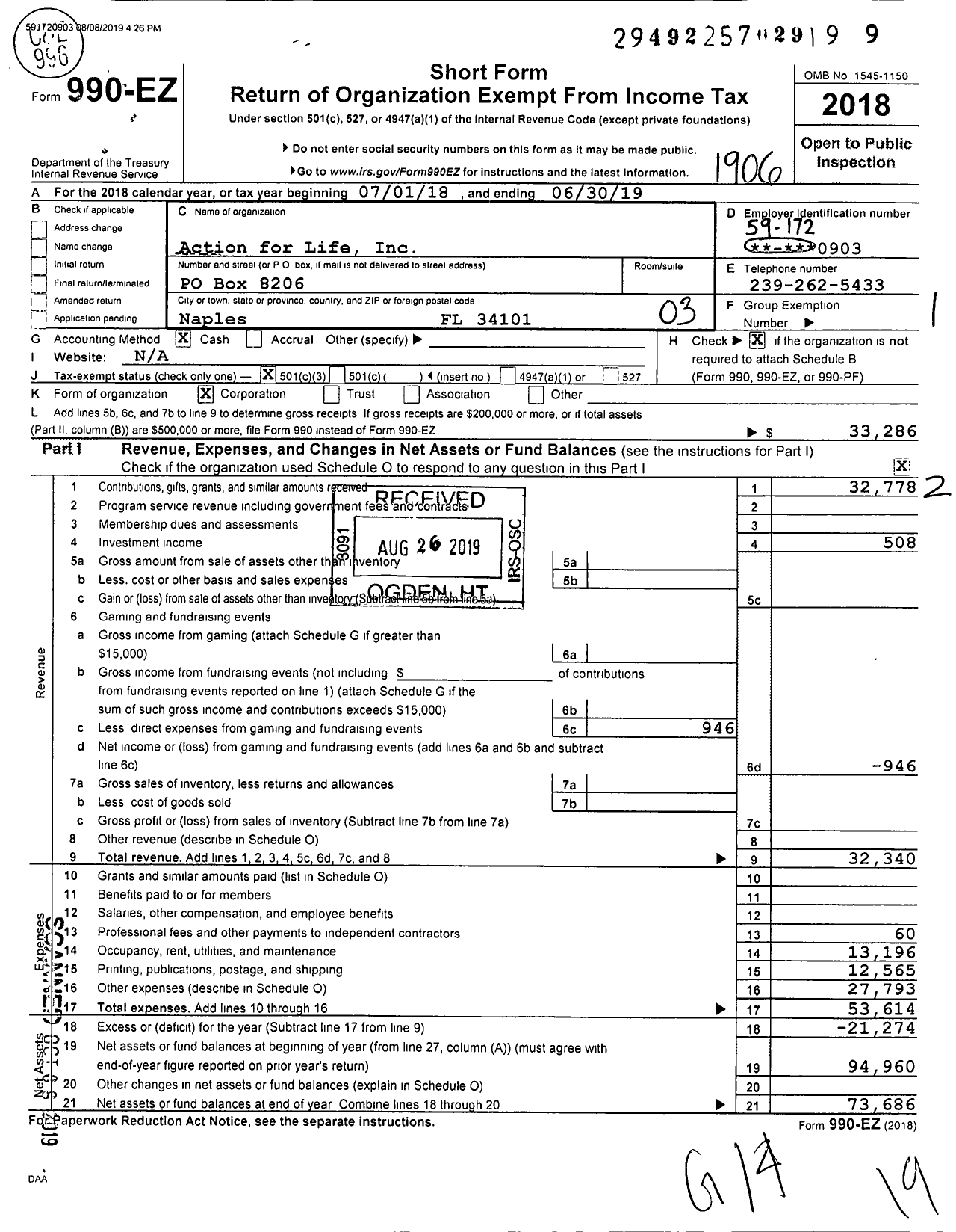 Image of first page of 2018 Form 990EZ for Action for Life