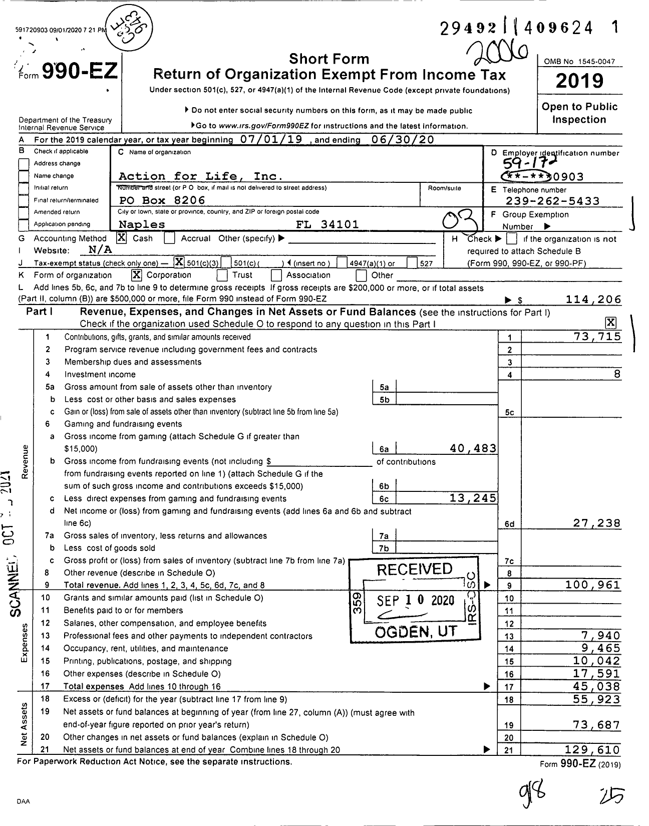 Image of first page of 2019 Form 990EZ for Action for Life