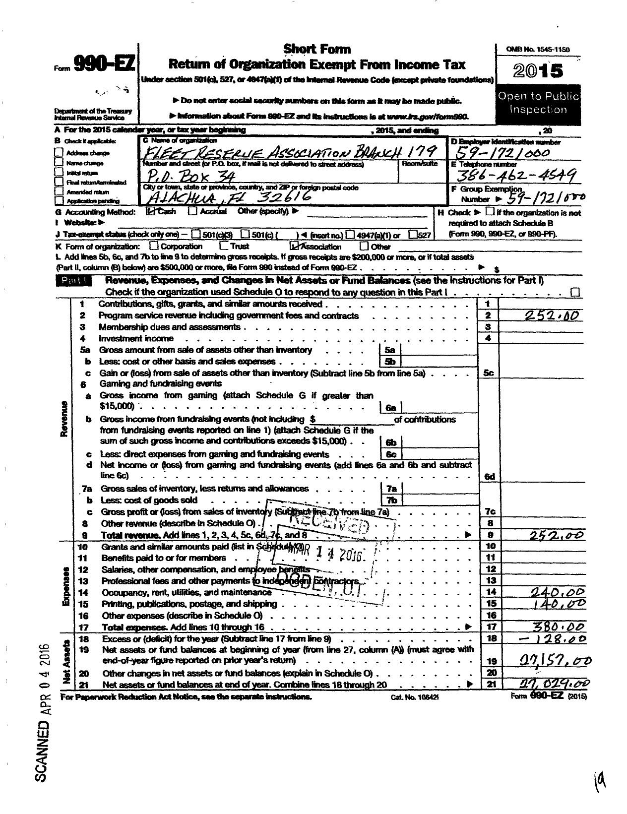 Image of first page of 2015 Form 990EO for Fleet Reserve Association Branch 179