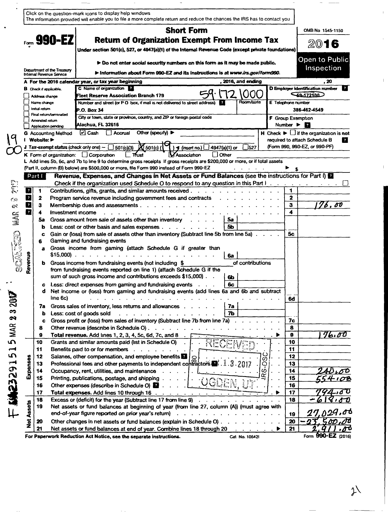 Image of first page of 2016 Form 990EO for Fleet Reserve Association Branch 179