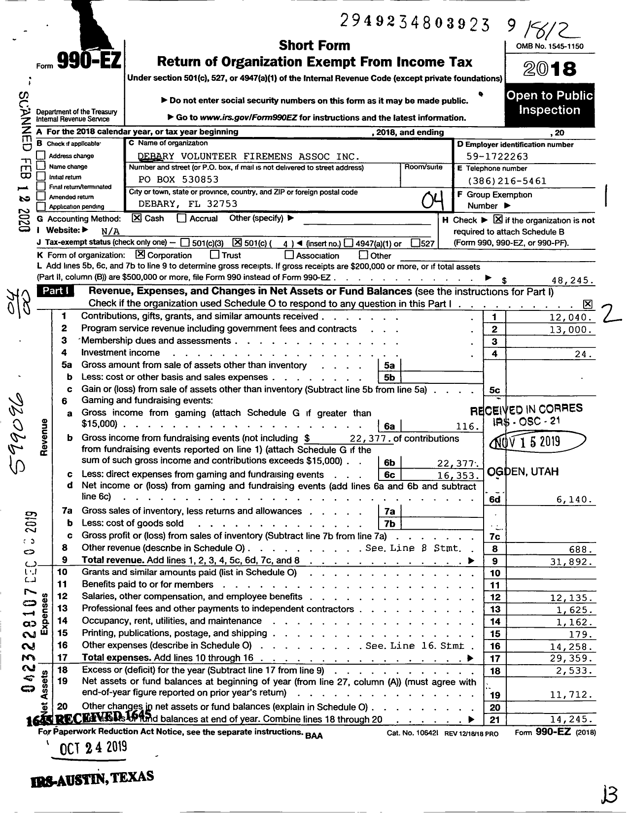 Image of first page of 2018 Form 990EO for Debary Volunteer Firemens Association Incorporated