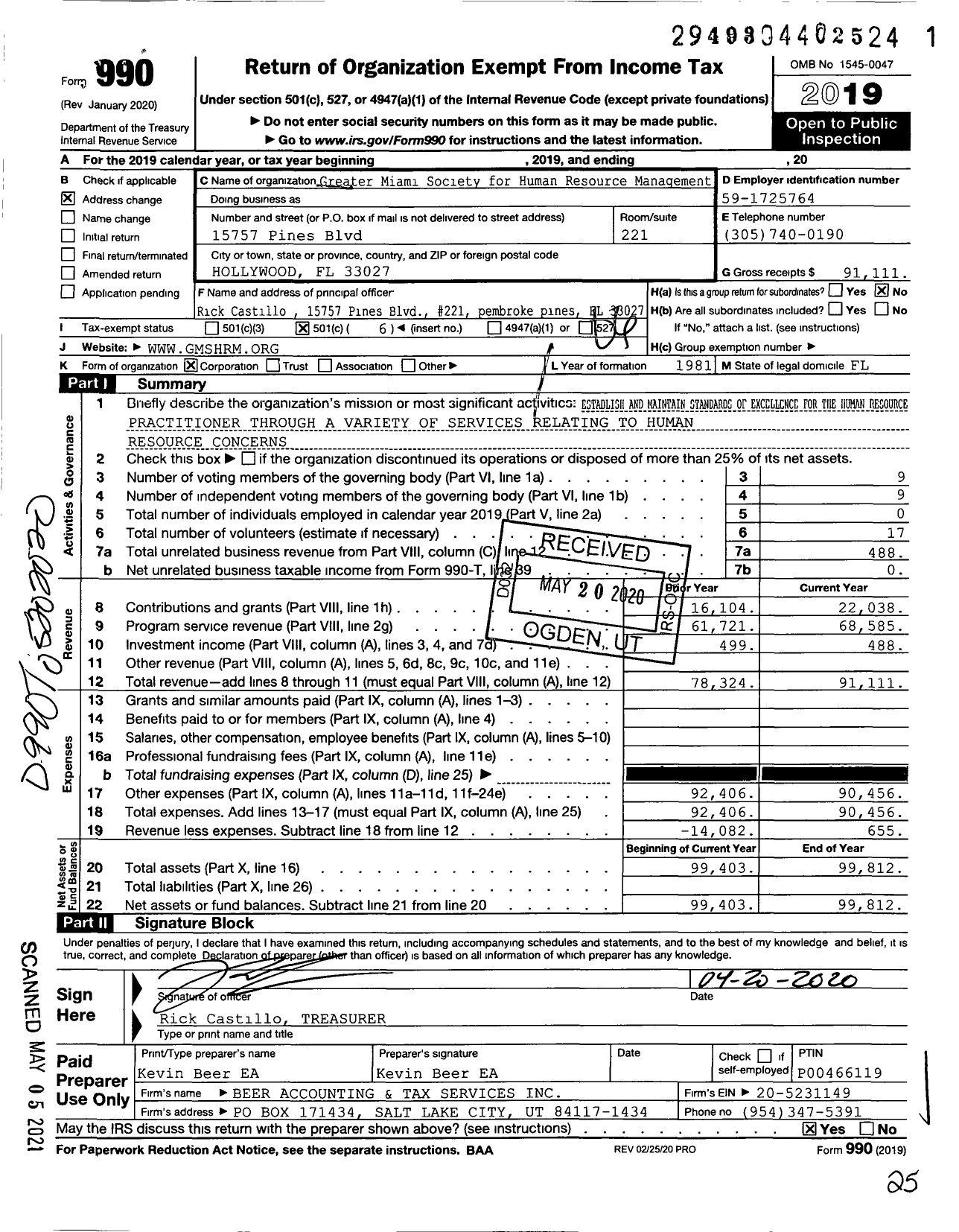 Image of first page of 2019 Form 990O for HR Miami