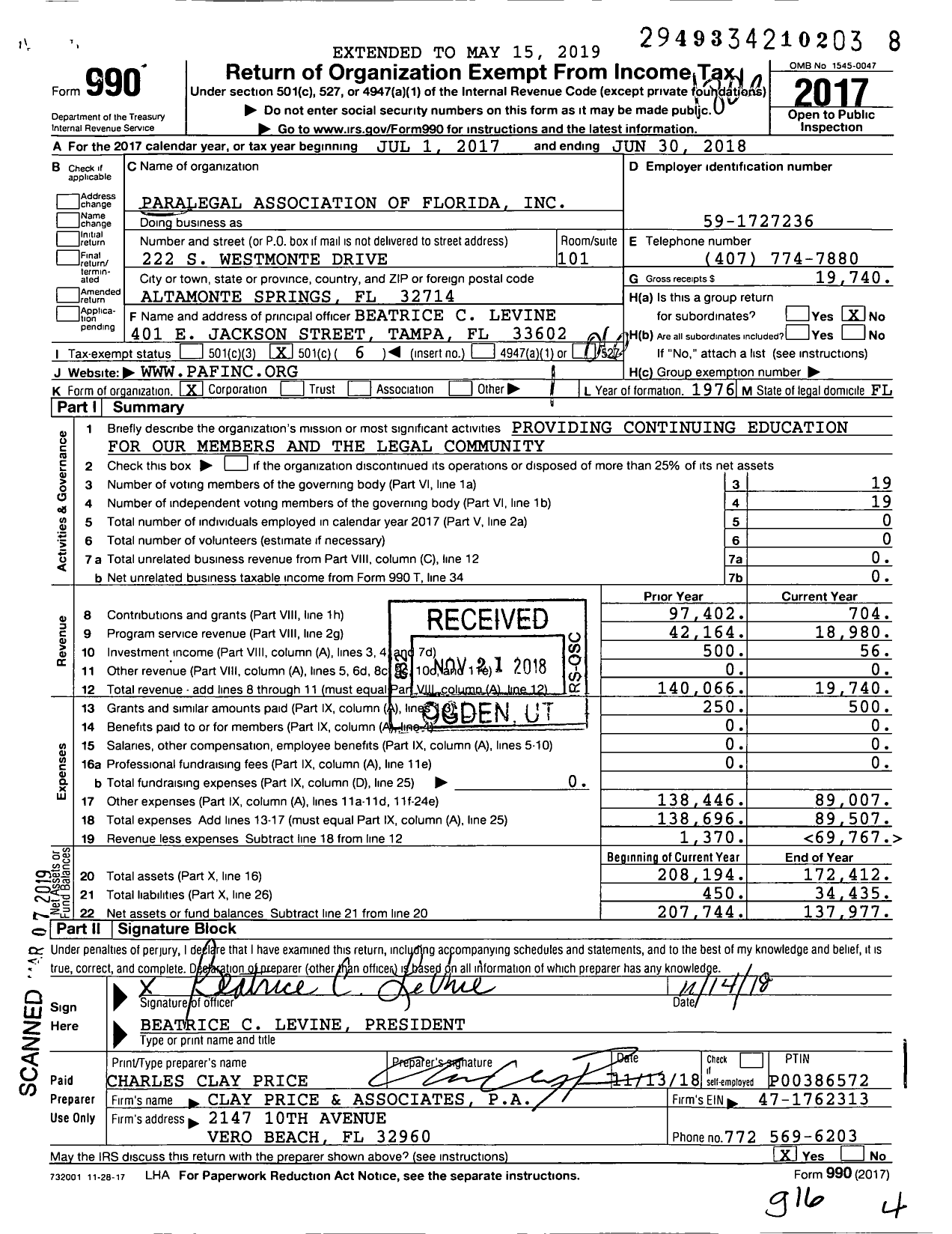 Image of first page of 2017 Form 990O for Paralegal Association of Florida