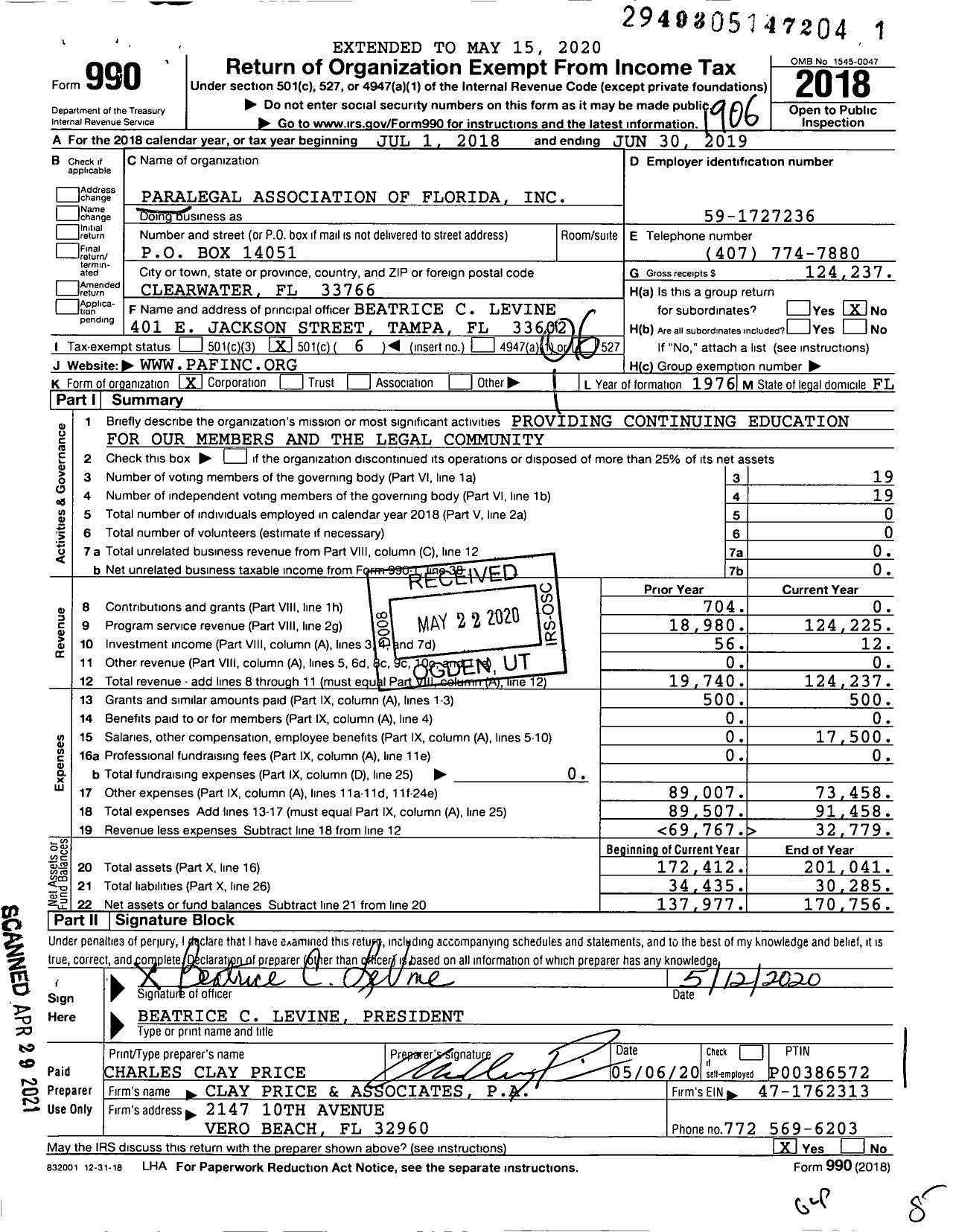 Image of first page of 2018 Form 990O for Paralegal Association of Florida