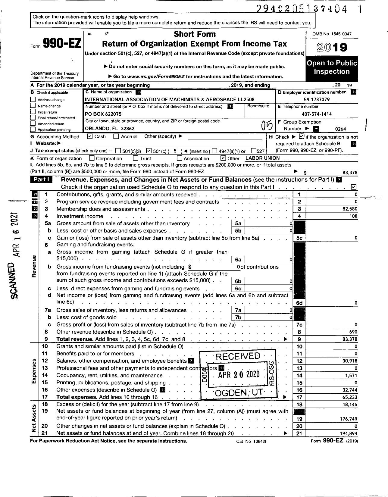 Image of first page of 2019 Form 990EO for International Association of Machinists and Aerospace Workers - 2508