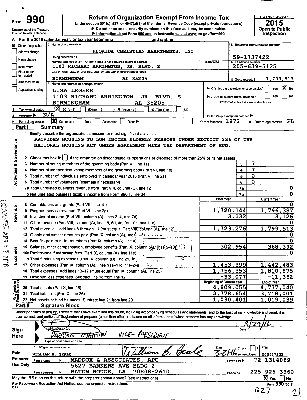 Image of first page of 2015 Form 990 for Florida Christian Apartments