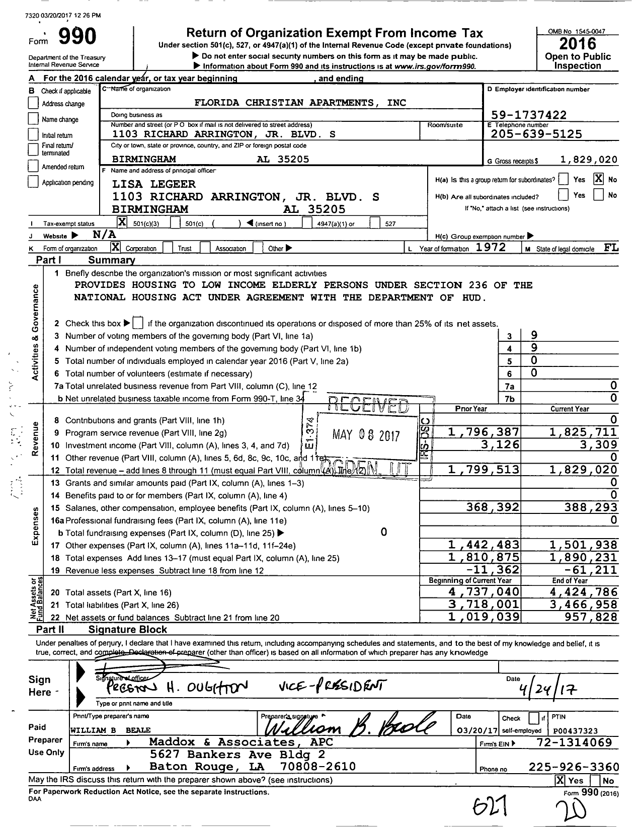 Image of first page of 2016 Form 990 for Florida Christian Apartments