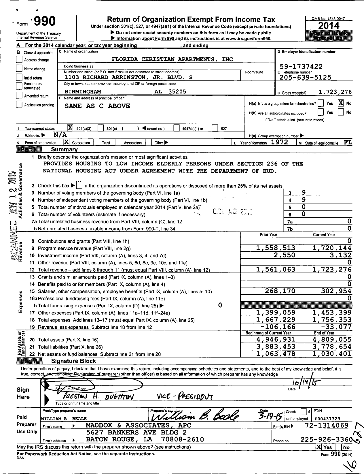 Image of first page of 2014 Form 990 for Florida Christian Apartments
