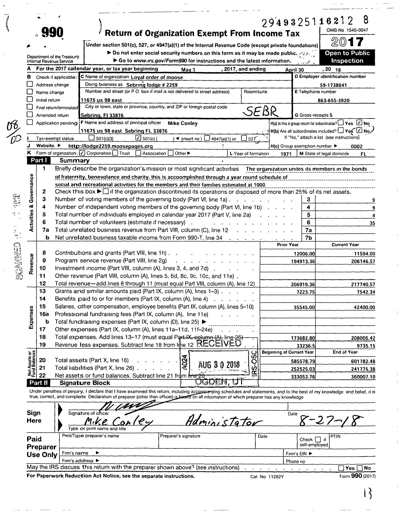 Image of first page of 2017 Form 990O for Loyal Order of Moose - 2259