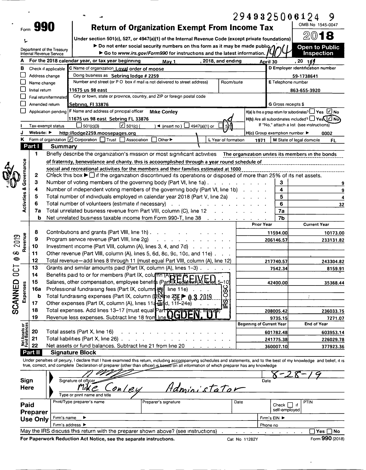 Image of first page of 2018 Form 990O for Loyal Order of Moose - 2259