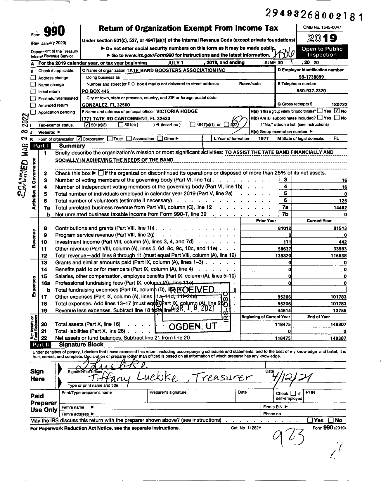 Image of first page of 2019 Form 990 for Tate Band Boosters Association