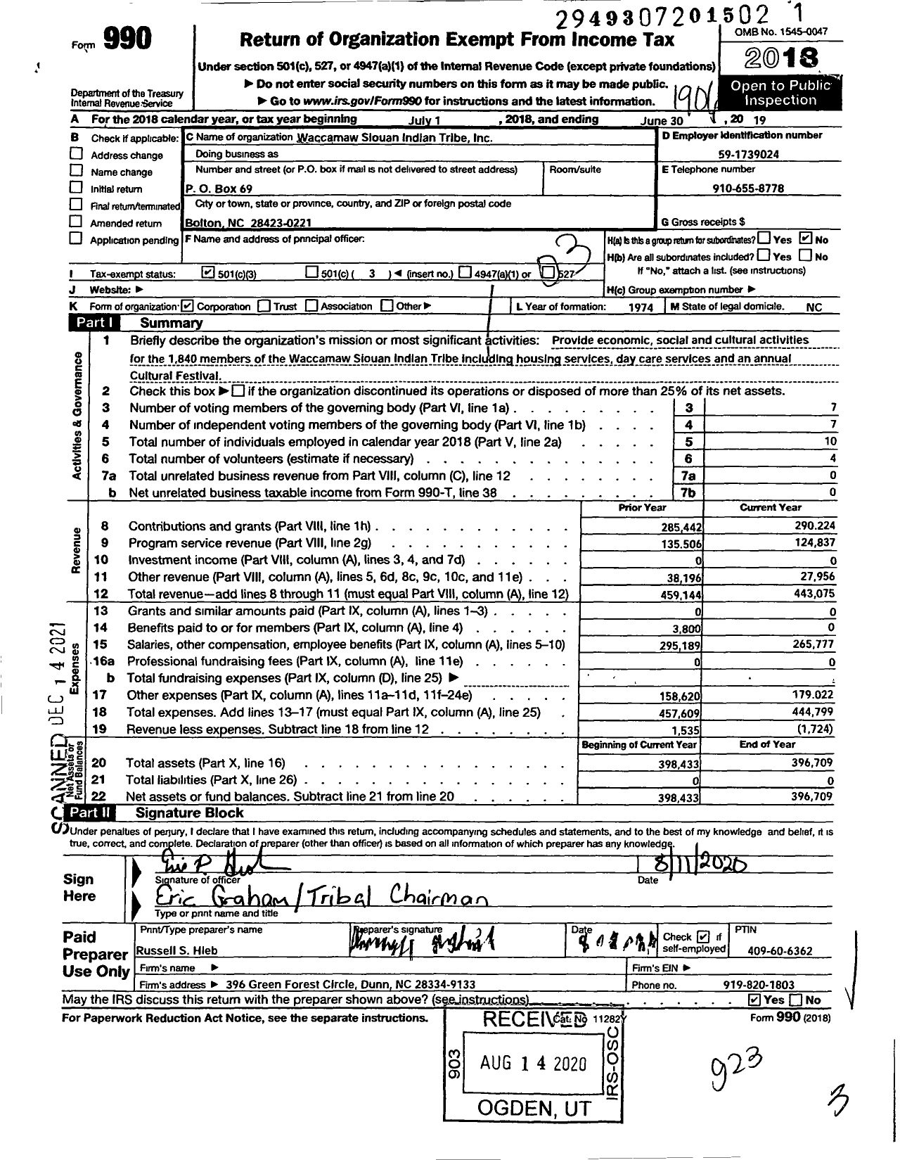 Image of first page of 2018 Form 990 for Waccamaw Siouan Indian Tribe