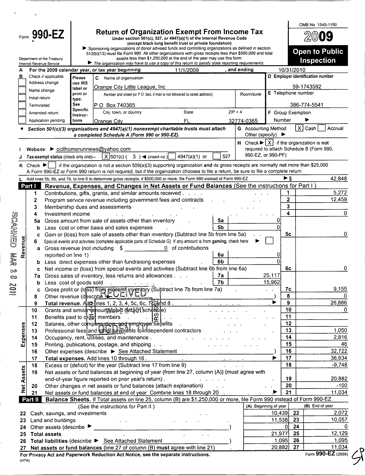 Image of first page of 2009 Form 990EZ for Little League Baseball - 3091913 Orange City LL
