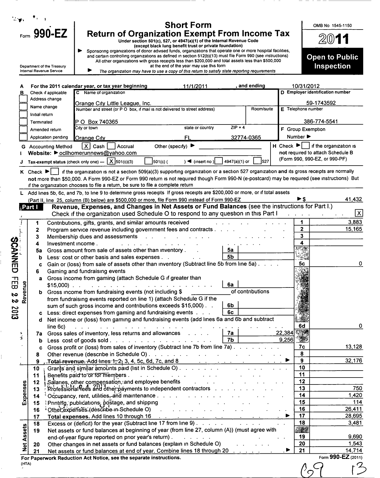Image of first page of 2011 Form 990EZ for Little League Baseball - 3091913 Orange City LL