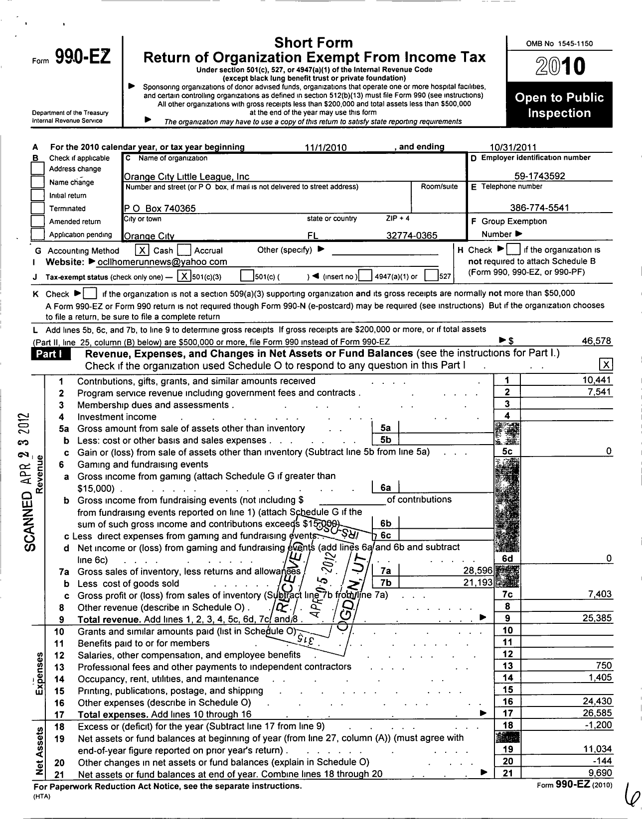 Image of first page of 2010 Form 990EZ for Little League Baseball - 3091913 Orange City LL