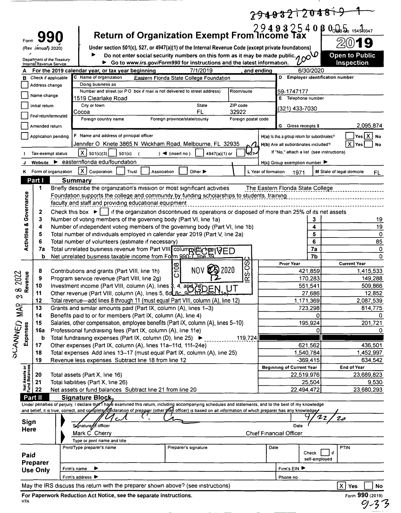 Image of first page of 2019 Form 990 for Eastern Florida State College Foundation