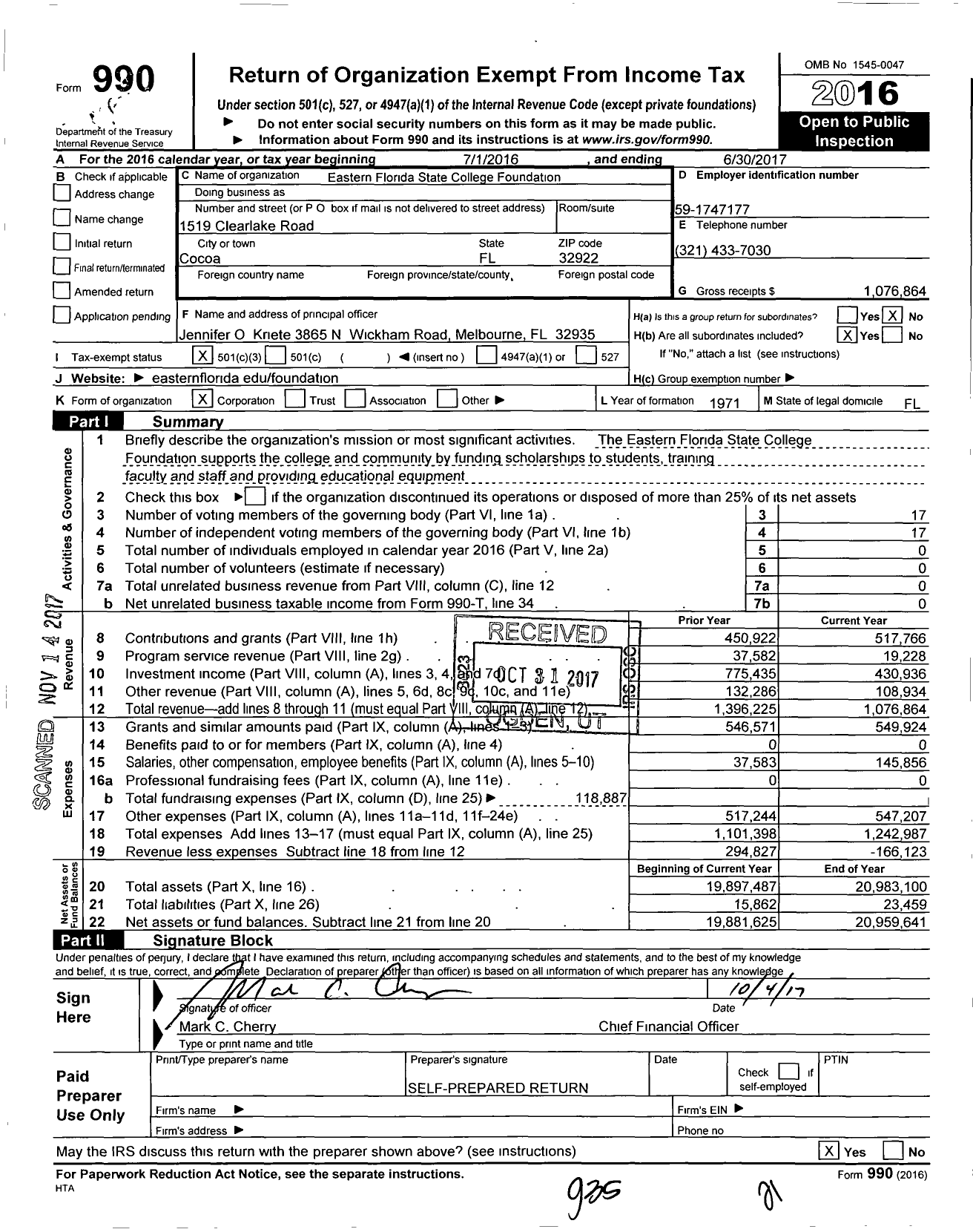 Image of first page of 2016 Form 990 for Eastern Florida State College Foundation