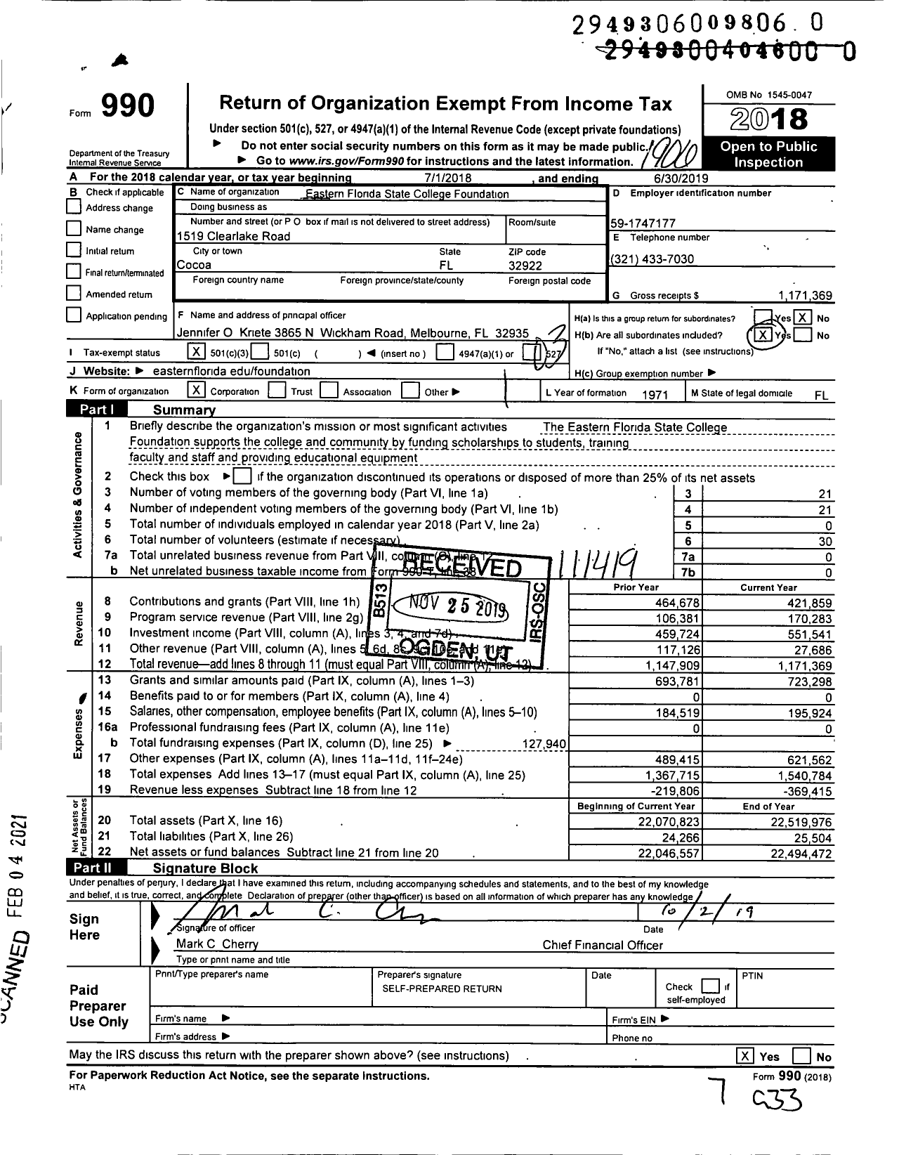Image of first page of 2018 Form 990 for Eastern Florida State College Foundation