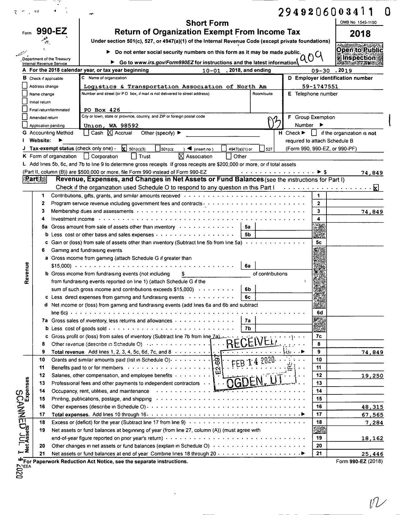 Image of first page of 2018 Form 990EZ for Logistics and Transportation Association of North America