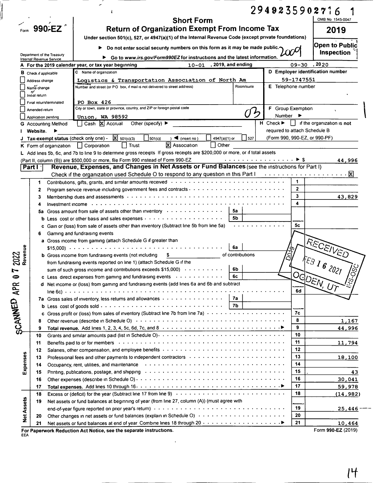 Image of first page of 2019 Form 990EZ for Logistics and Transportation Association of North America