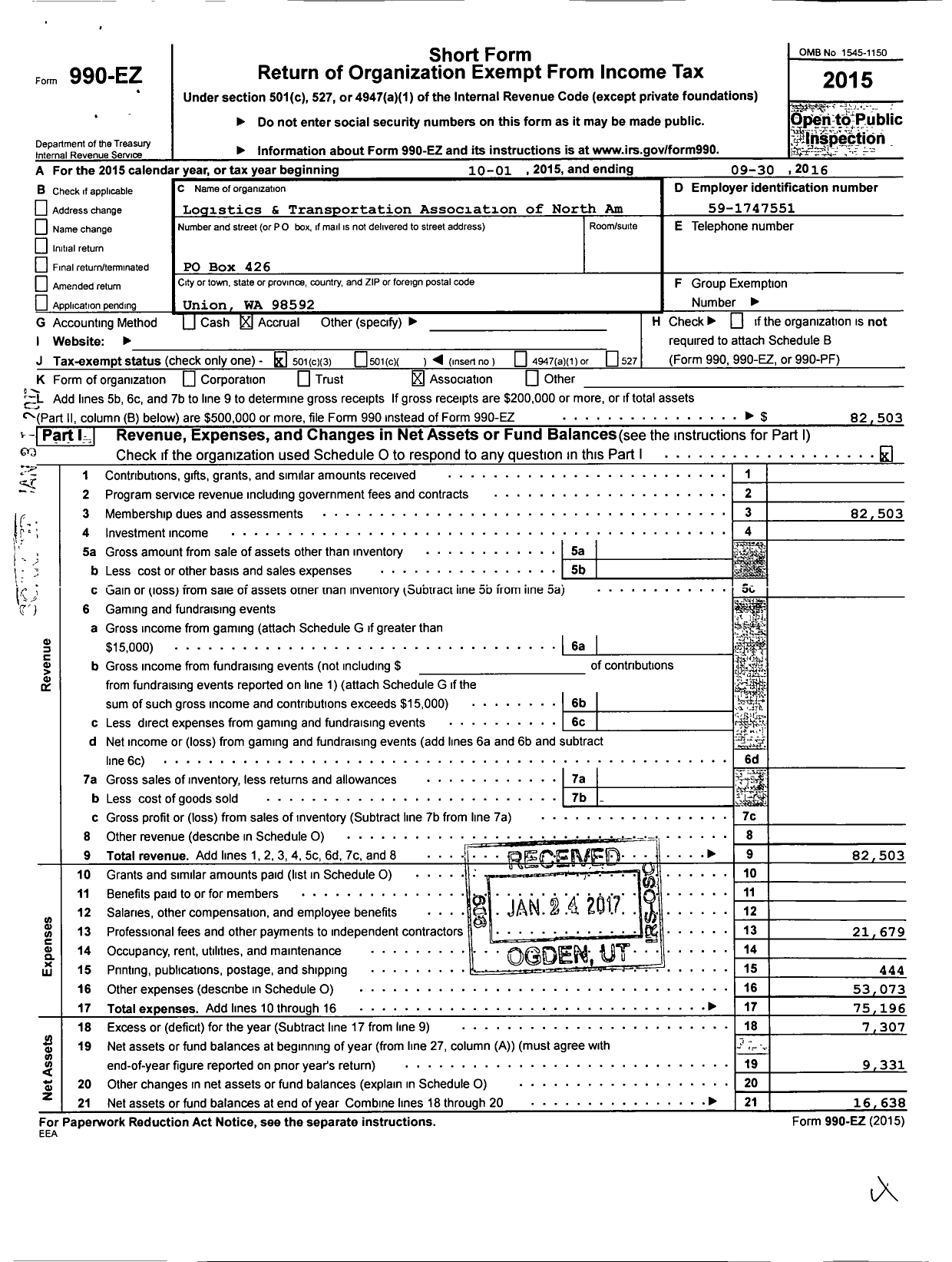 Image of first page of 2015 Form 990EZ for Logistics and Transportation Association of North America