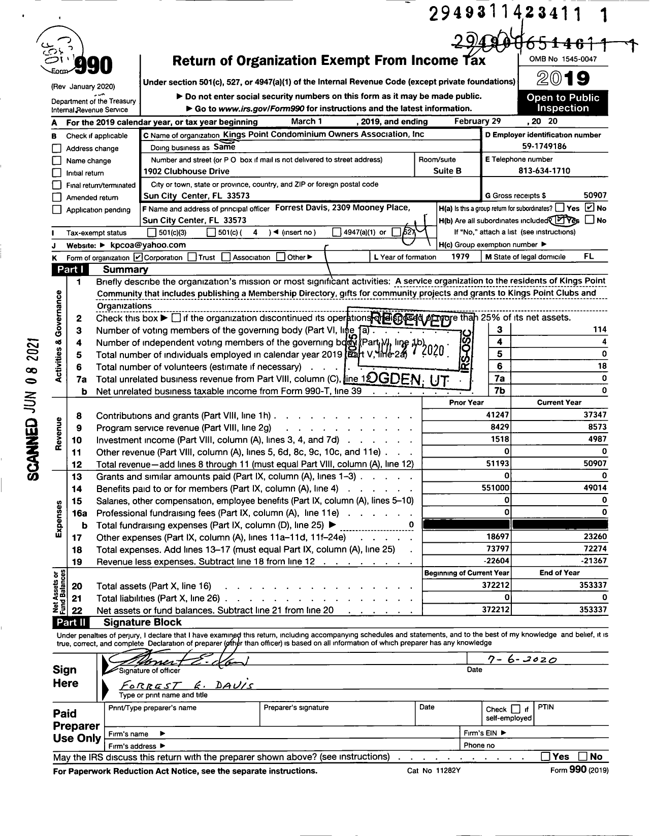 Image of first page of 2019 Form 990O for Kings Point Condominium Owners Association