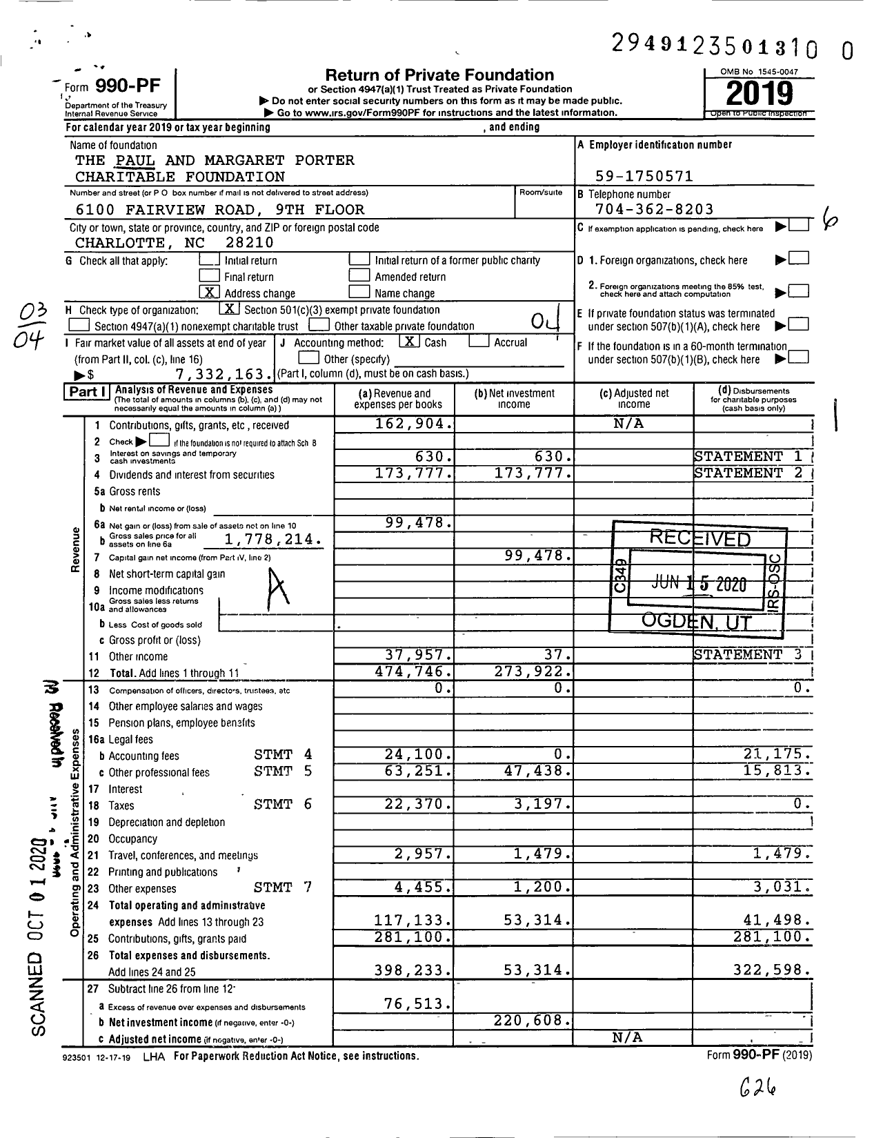 Image of first page of 2019 Form 990PR for The Paul and Margaret Porter Charitable Foundation