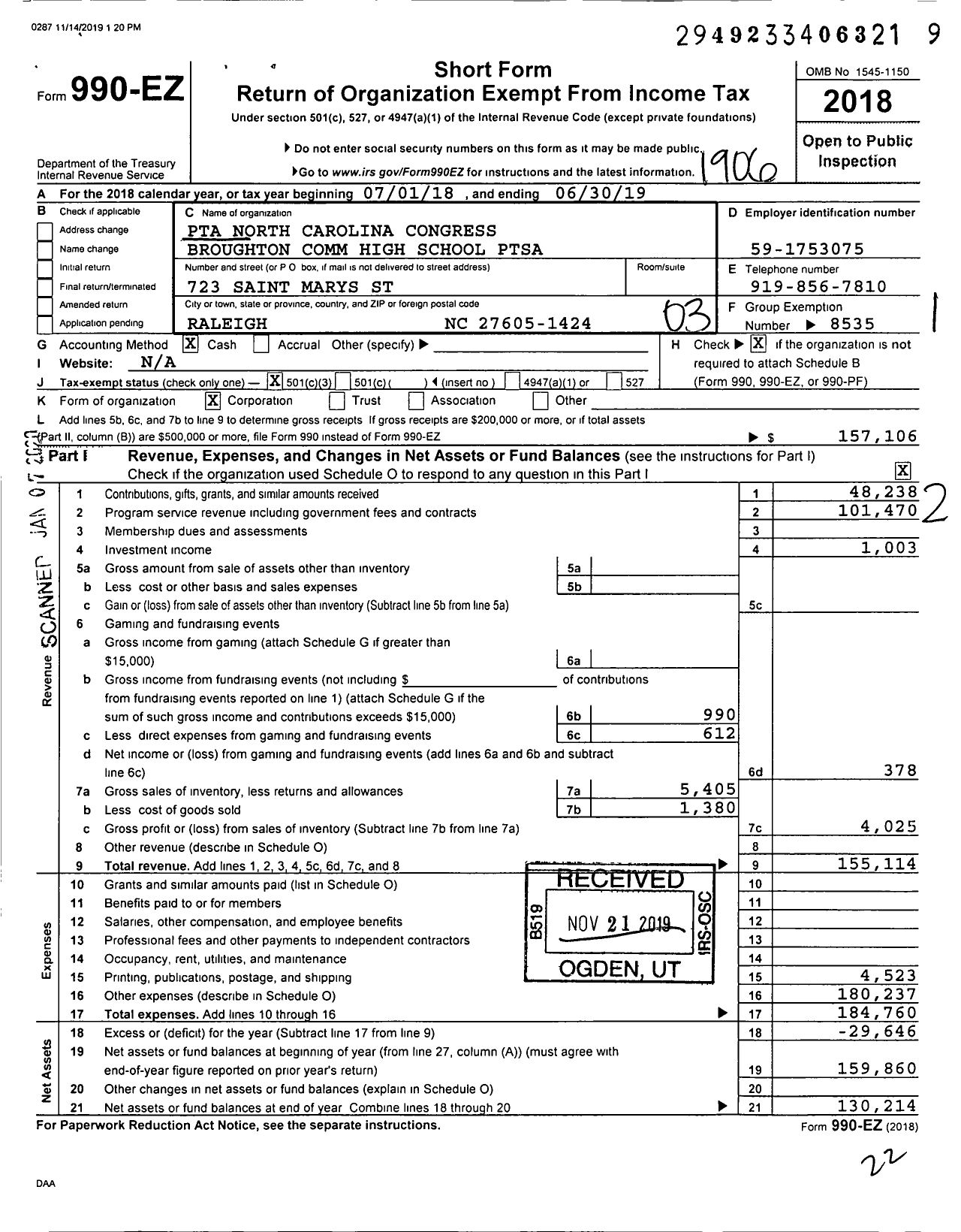 Image of first page of 2018 Form 990EZ for North Carolina PTA - Broughton Comm High School Ptsa