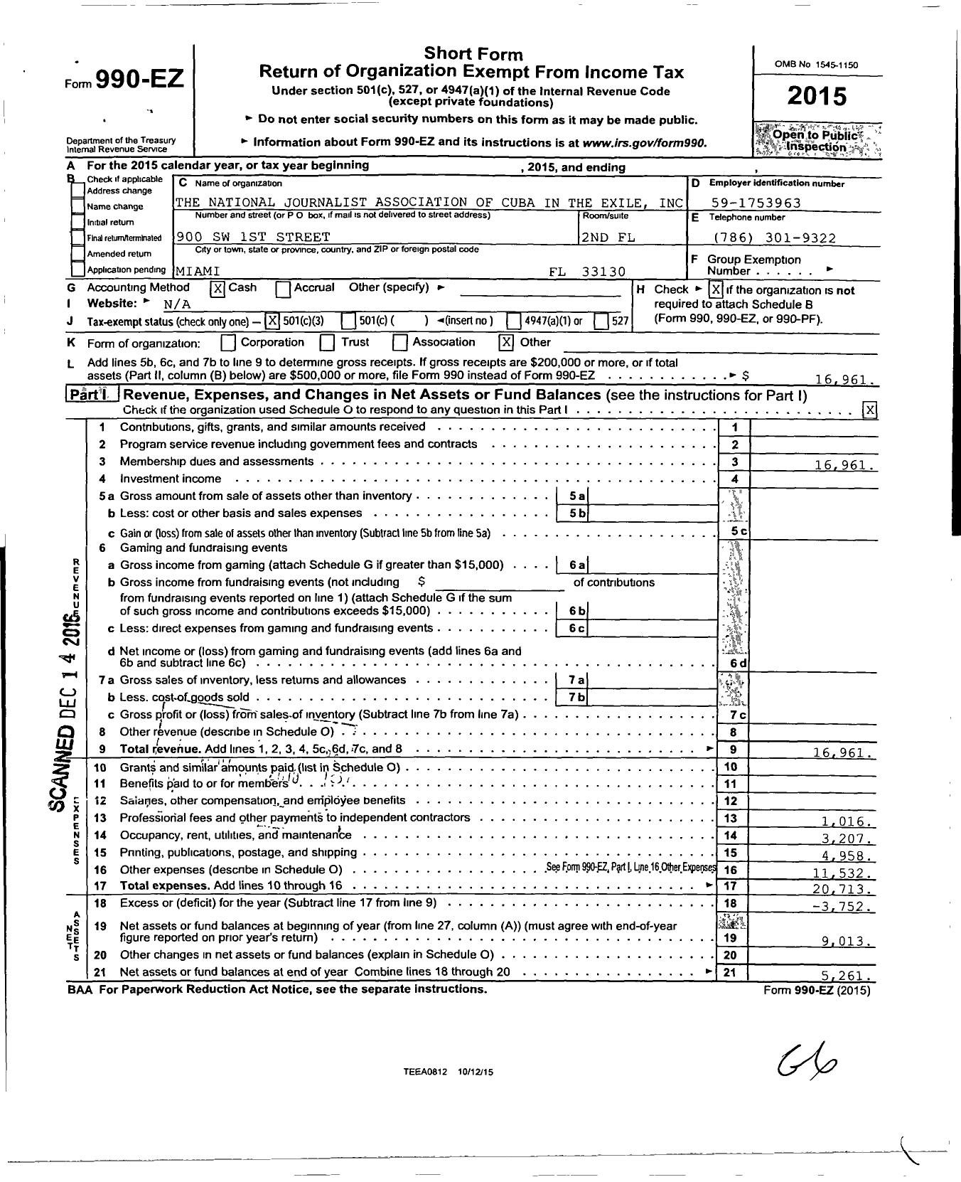 Image of first page of 2015 Form 990EZ for National Journalist Association