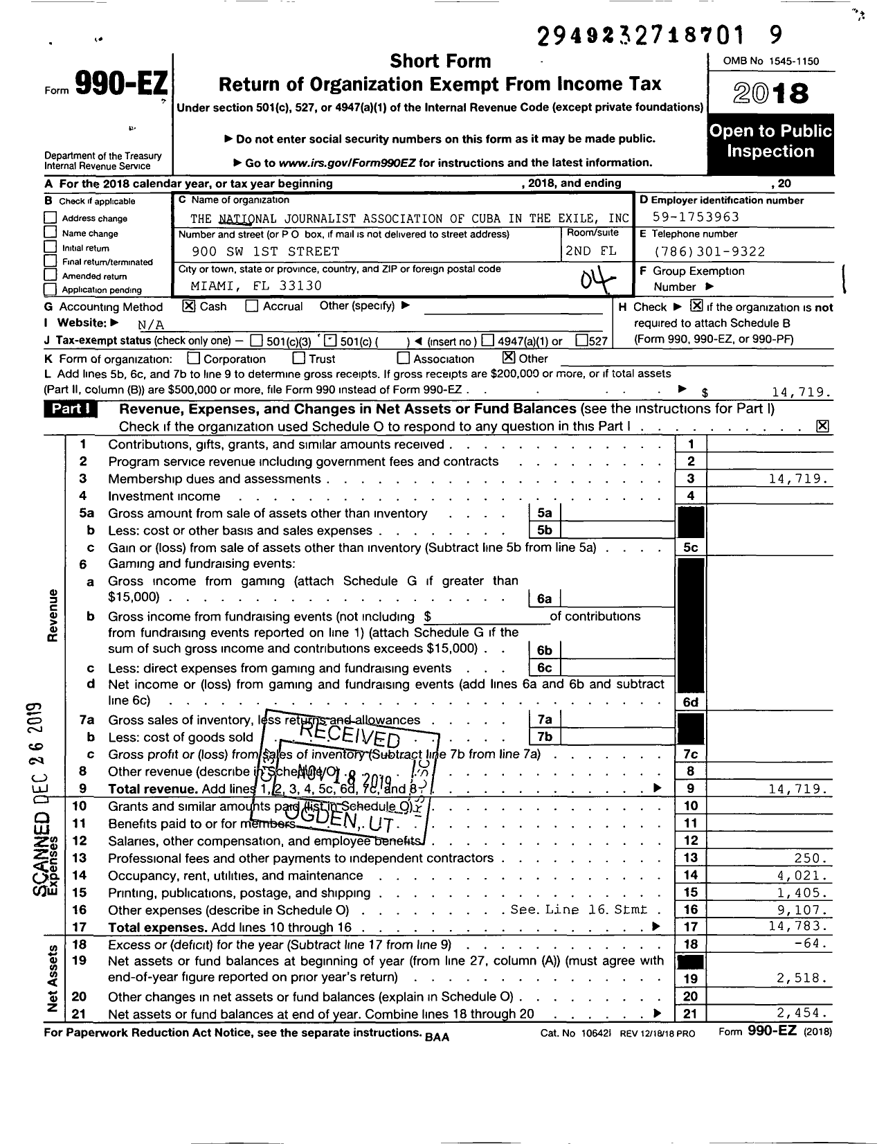 Image of first page of 2018 Form 990EO for National Journalist Association