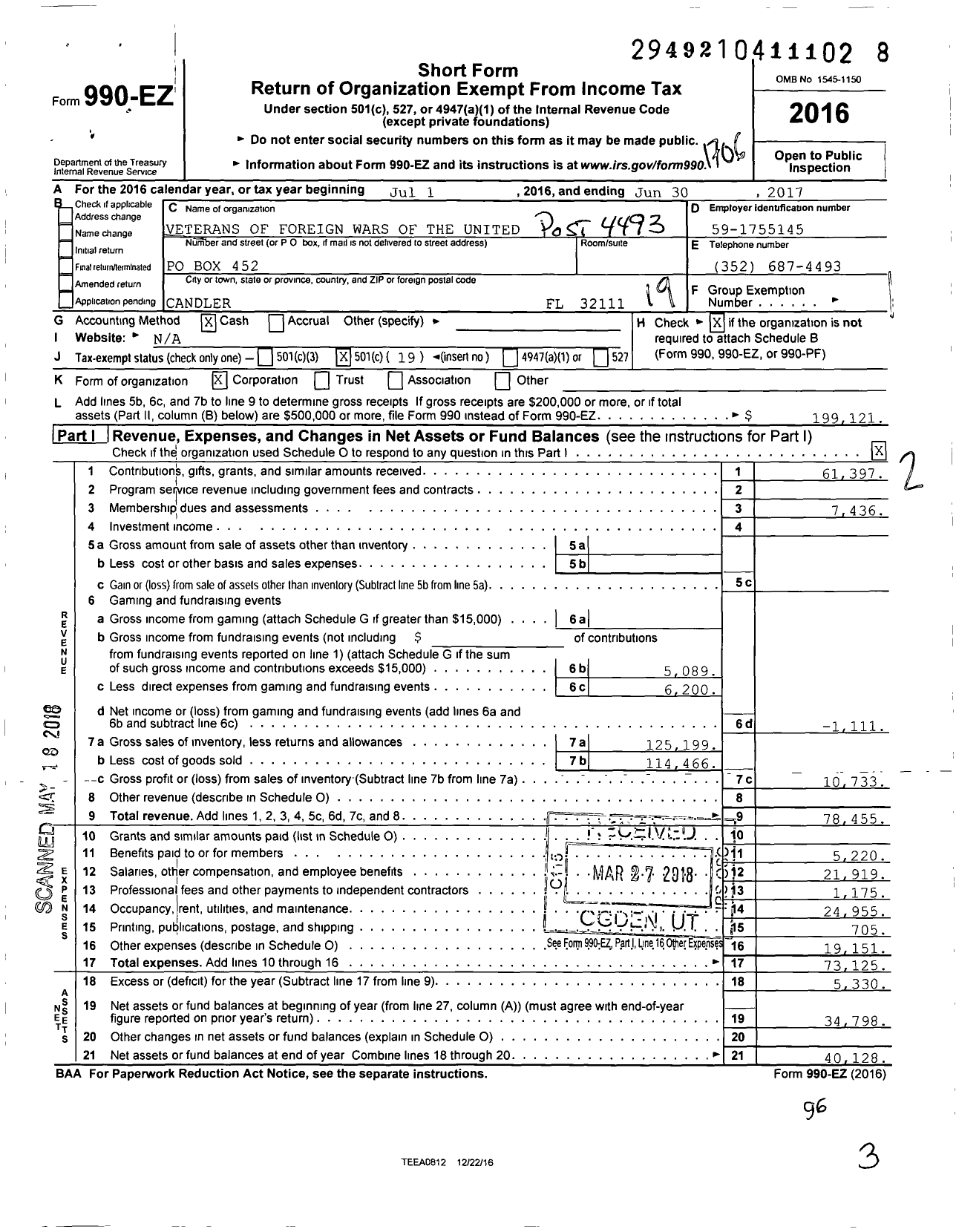 Image of first page of 2016 Form 990EO for VFW Department of Florida - 4493 Silver Springs Shores