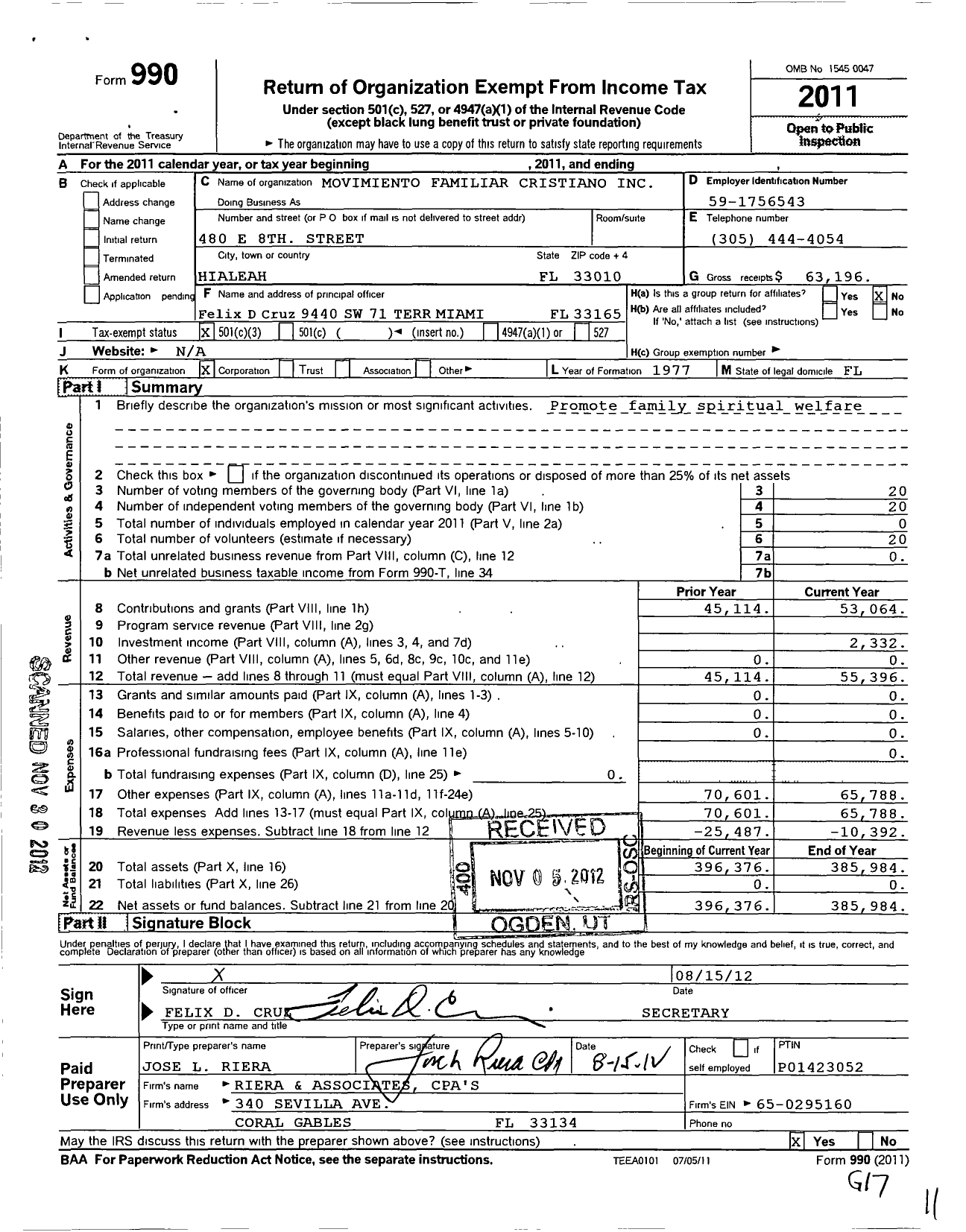 Image of first page of 2011 Form 990 for Movimiento Familiar Cristiano