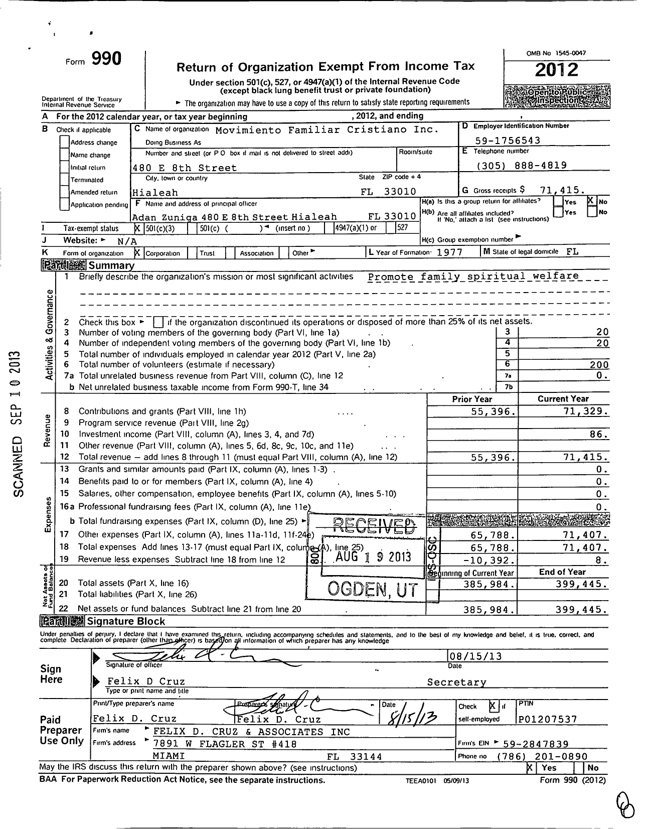 Image of first page of 2012 Form 990 for Movimiento Familiar Cristiano