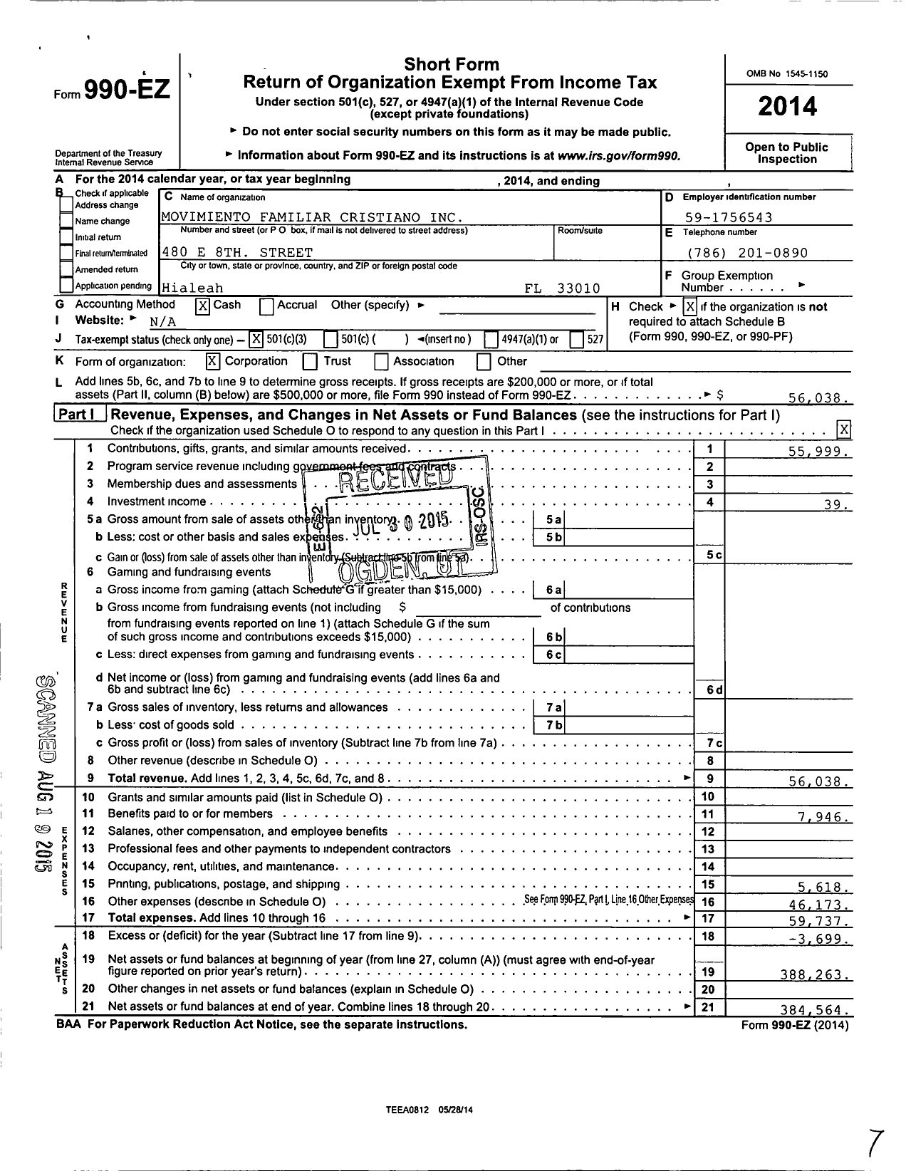 Image of first page of 2014 Form 990EZ for Movimiento Familiar Cristiano