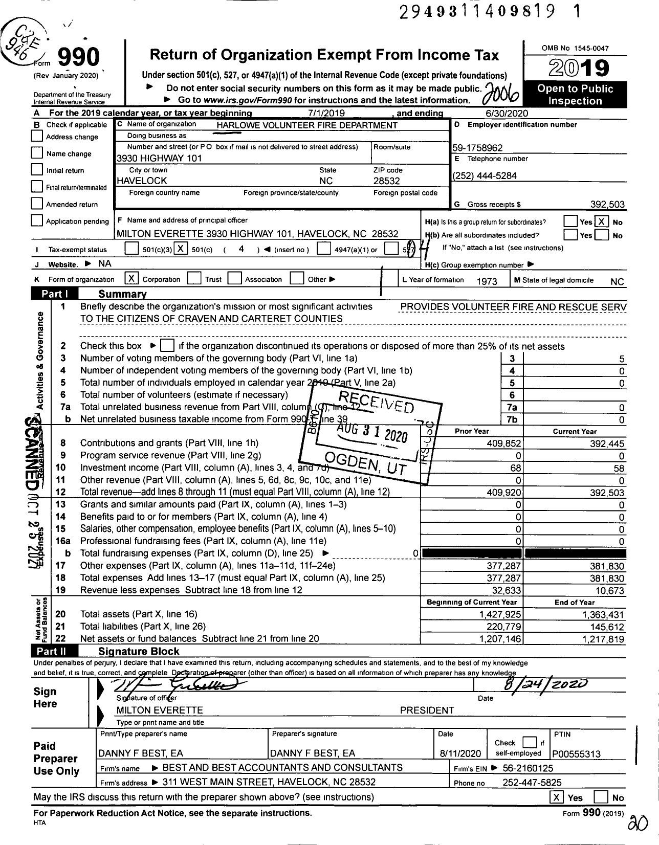 Image of first page of 2019 Form 990O for Harlowe Volunteer Fire Department