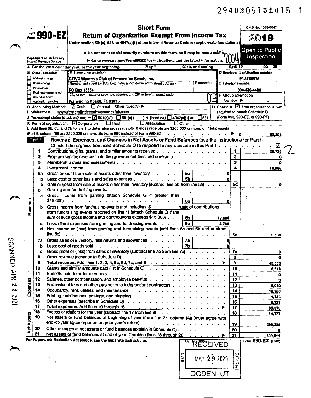 Image of first page of 2019 Form 990EZ for Woman's Club of Fernandina Beach