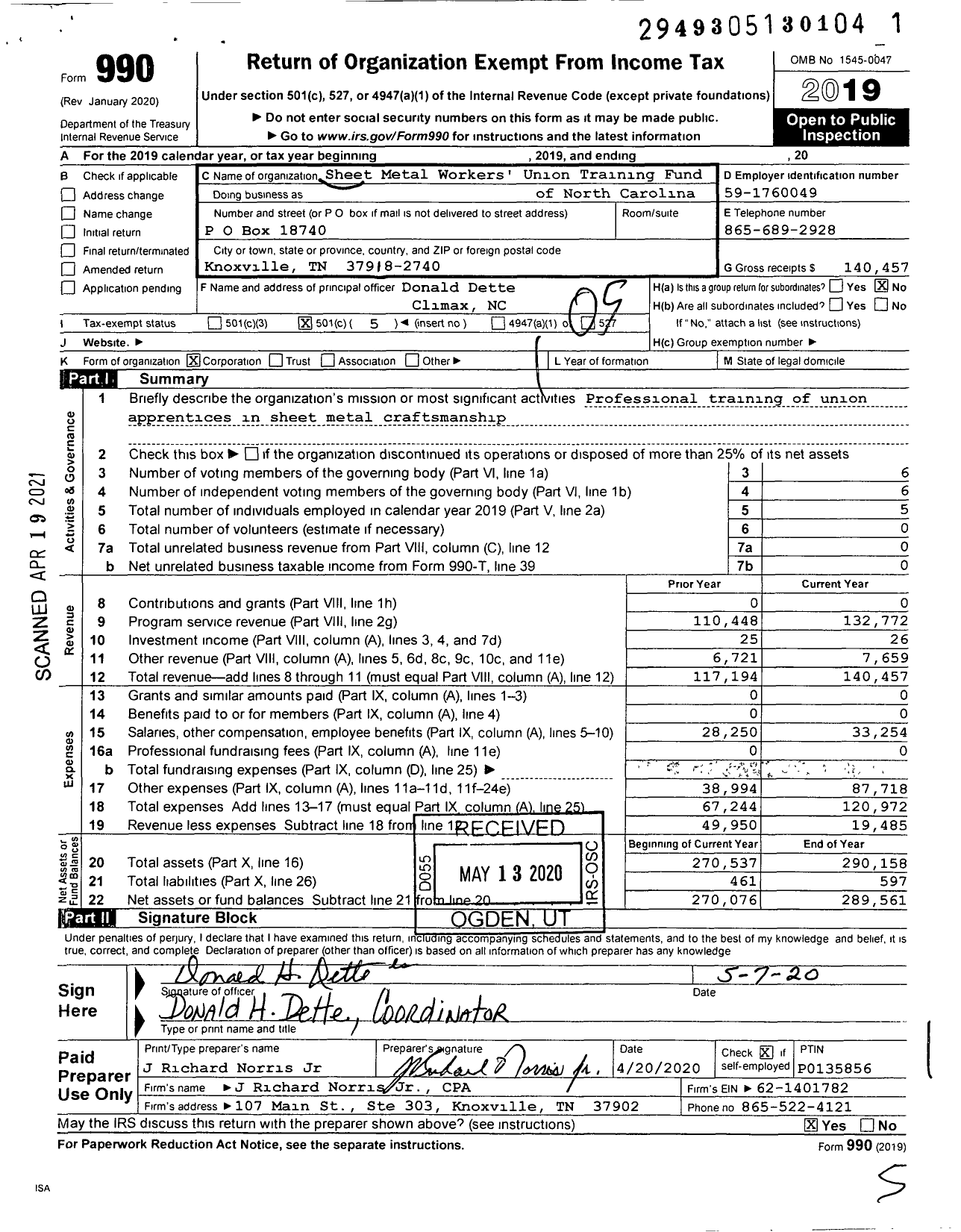 Image of first page of 2019 Form 990O for Sheet Metal Workers Union Training Fund of North Carolina