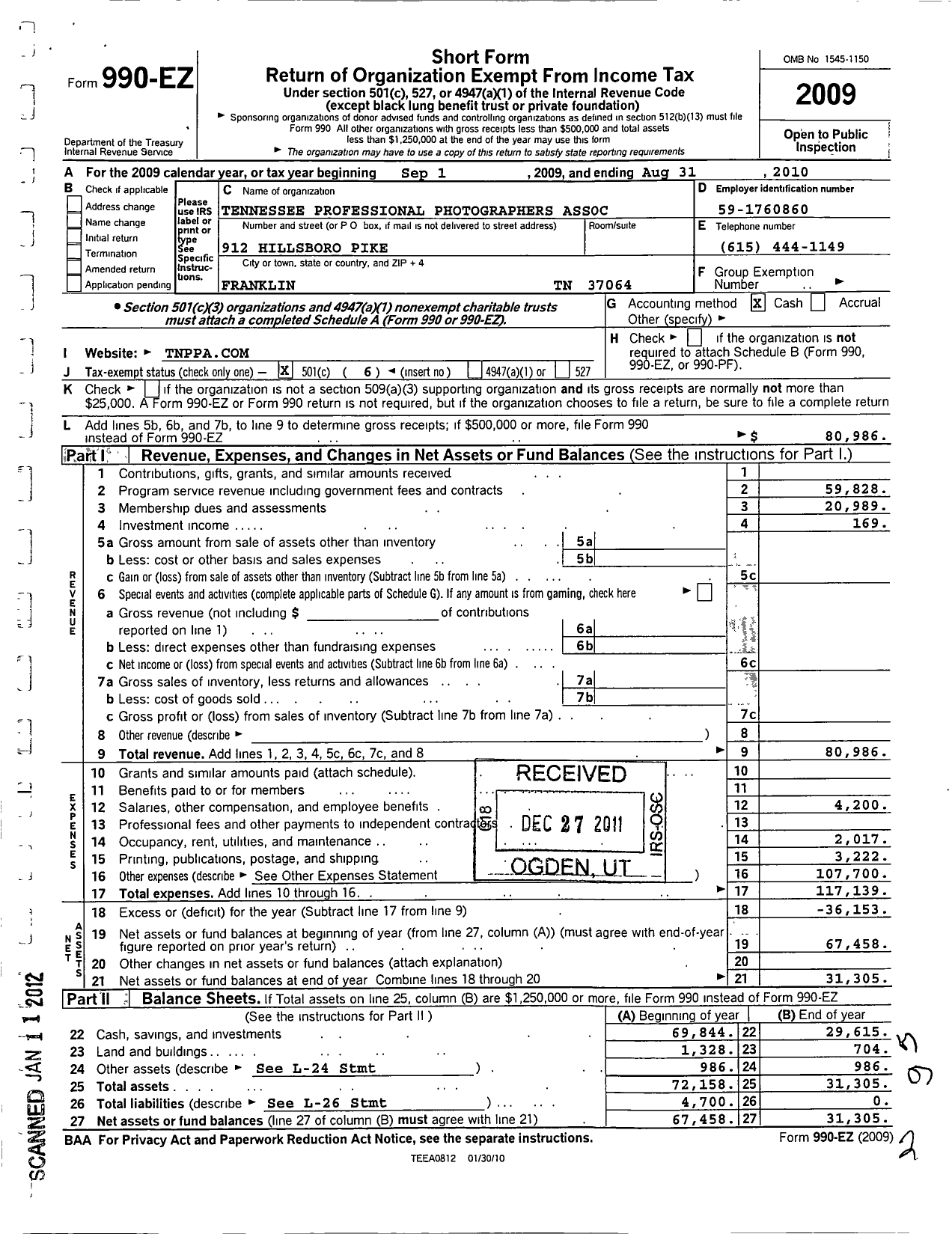 Image of first page of 2009 Form 990EO for Tennessee Professional Photographers Association