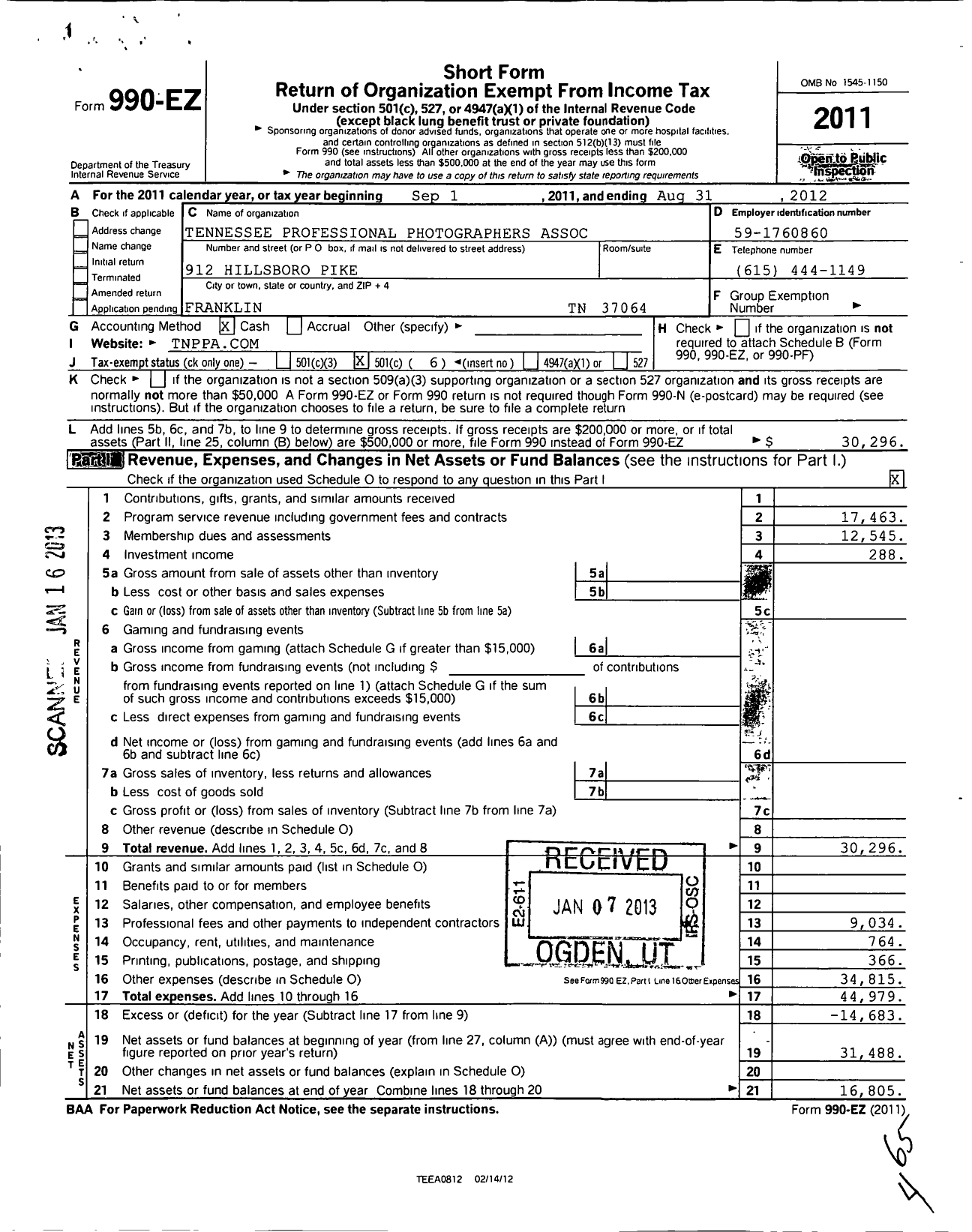 Image of first page of 2011 Form 990EO for Tennessee Professional Photographers Association