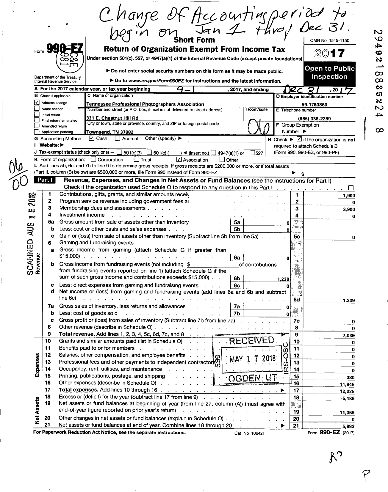 Image of first page of 2017 Form 990EO for Tennessee Professional Photographers Association