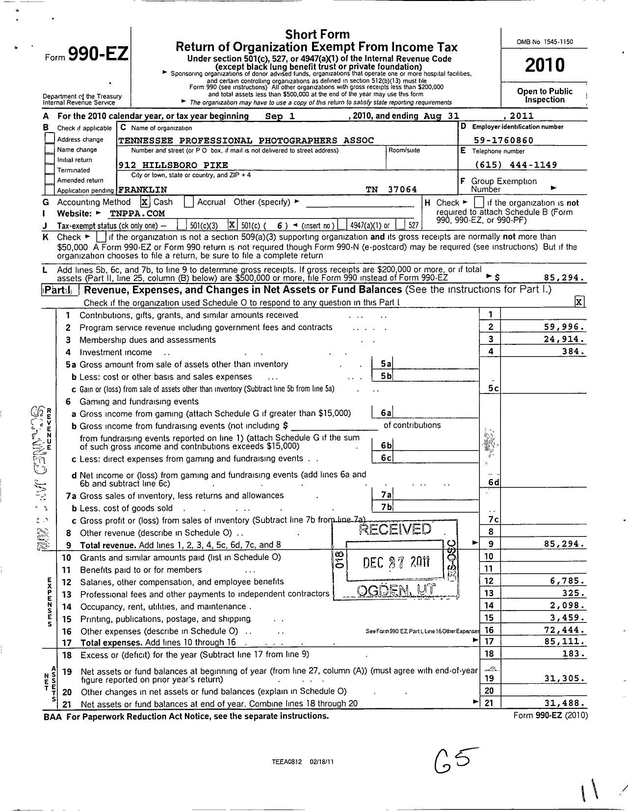 Image of first page of 2010 Form 990EO for Tennessee Professional Photographers Association